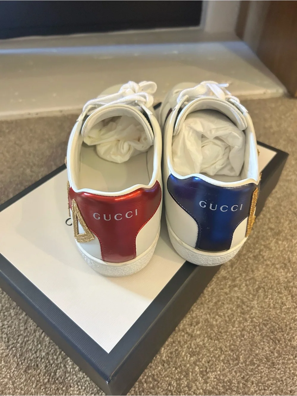 GUCCI White 'Loved' Leather Sneaker with Red & Blue Heel Tabs